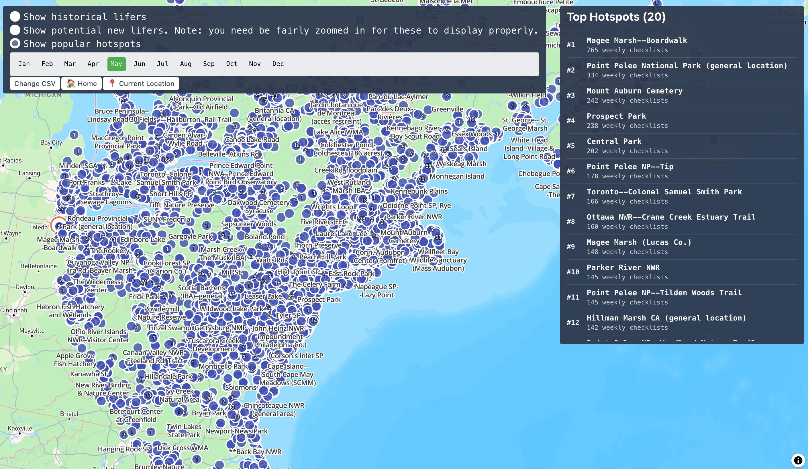 image showing a map of the eastern United States with a very dense cluster of hotspots on it. Too dense to really read